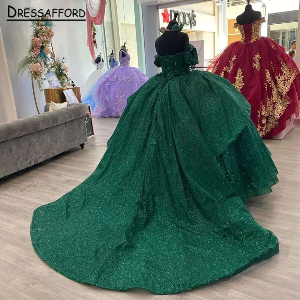 

Роскошные Блестящие Зеленые платья с открытыми плечами для Quinceanera, платья для 15-летнего дня рождения, бальное платье, корсет