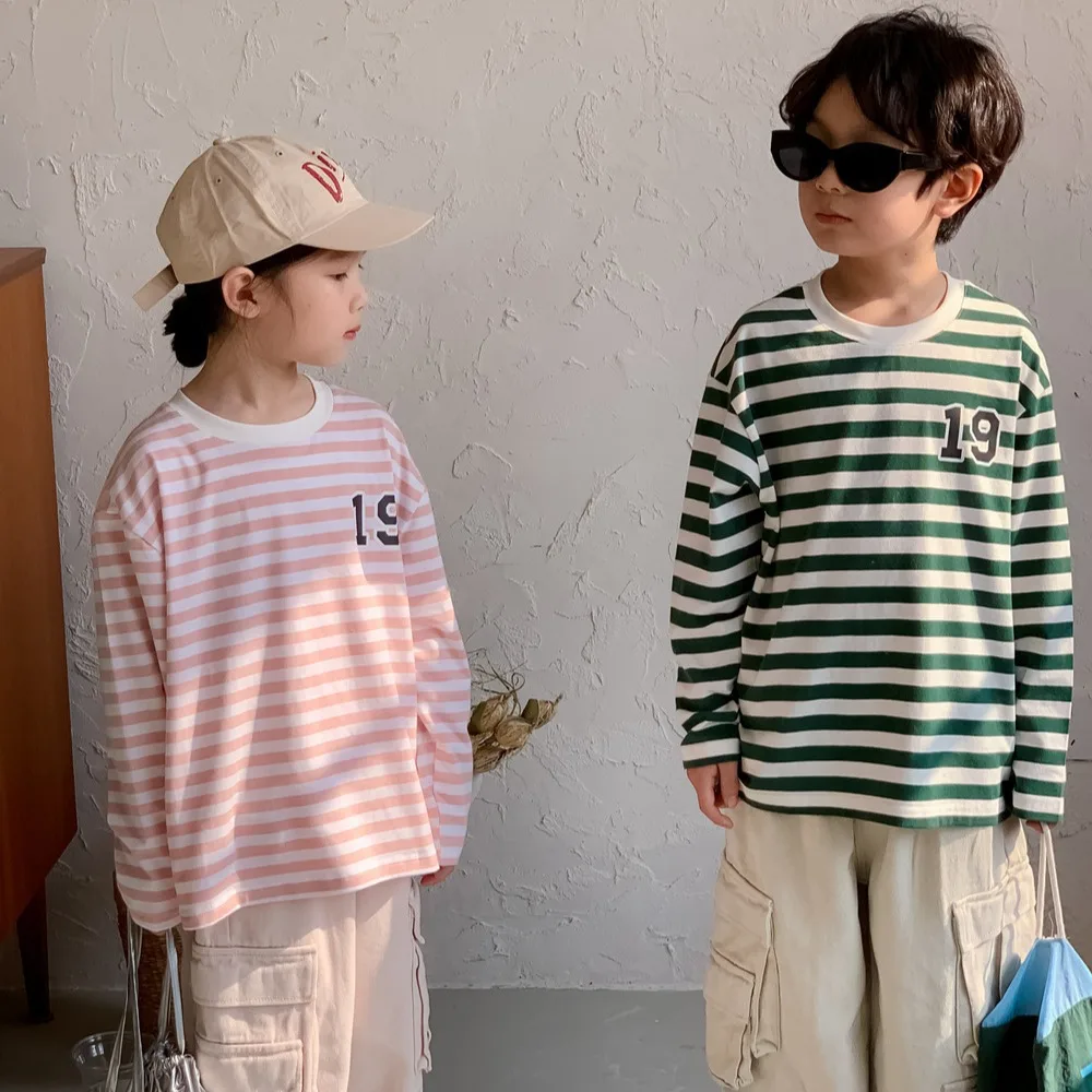 

Korean 2024 Spring Children Girl 2PCS Clothes Set Letter Striped Loose Baby Girl Undershirt Suit Solid Argo Pant Kid Girl Outfit