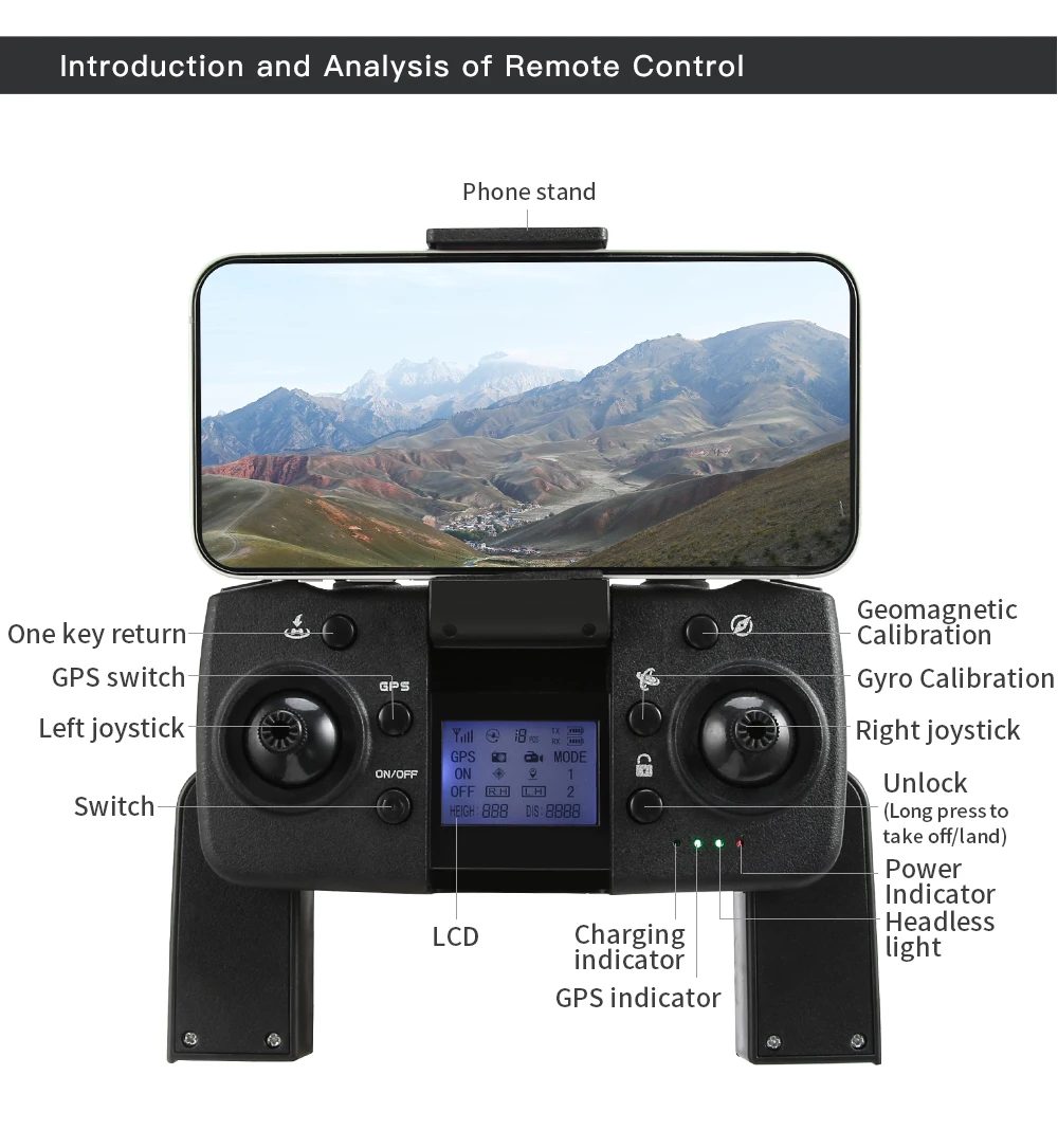 L800 Pro 2 Drone, Introduction and Analysis of Remote Control Phone stand Geomagnetic One return Calibration GPS switch