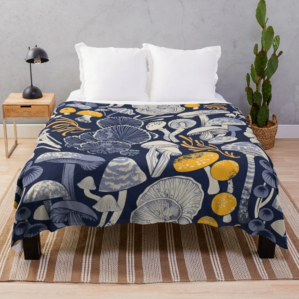 

Mystical fungi // midnight blue background ivory pale blue and yellow wild mushrooms Throw Blanket