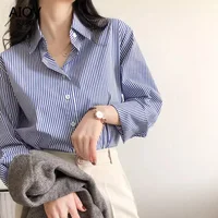 AOSSVIAO 2026 Blouse Classique Rayée Femme Printemps Automne Chemise Ample à Col Montant et Manches Longues Lanterne Blusas Tops 2