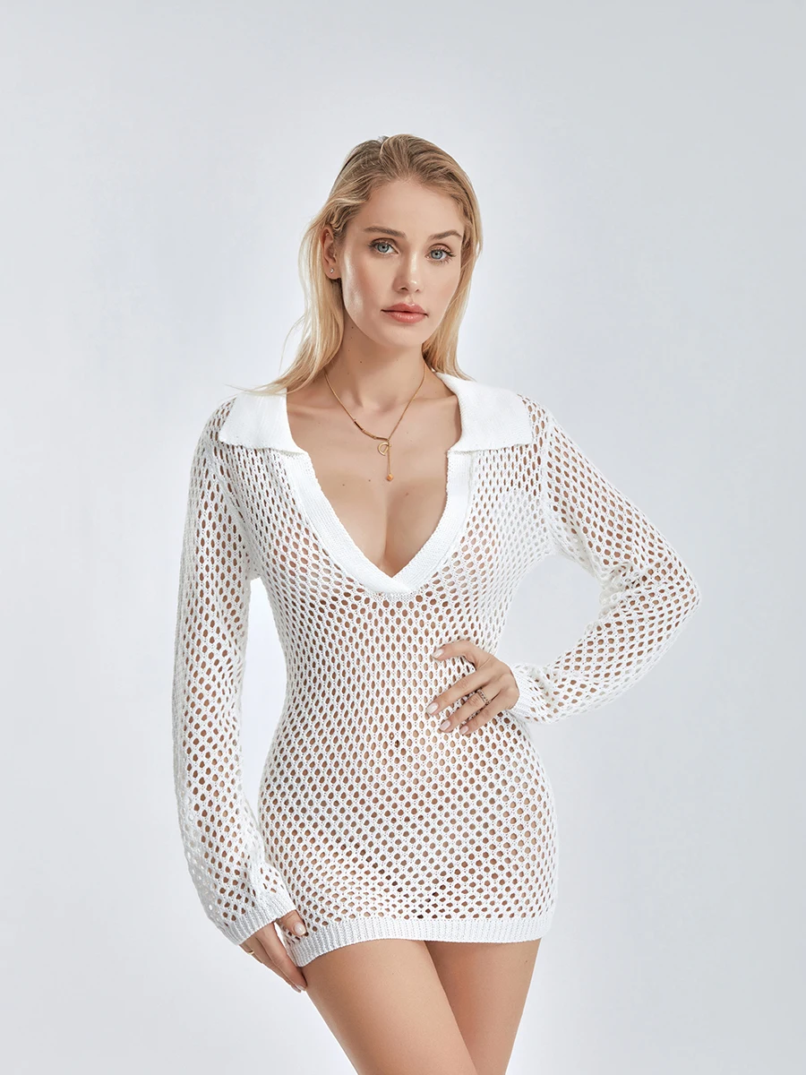

Women s Lace Beach Cover Up Dress Long Sleeve V-Neck Bikini Swimsuit Cover Up Hollow Out Bathing Suit