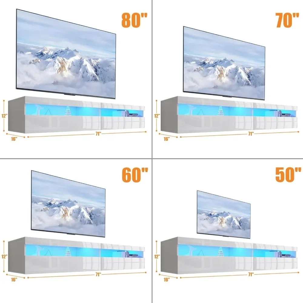 New2025-Floating TV Stand with Led Lights, 71 inch Wall Mounted TV Shelf with Power Outlet, Modern Entertainment Center Media Co