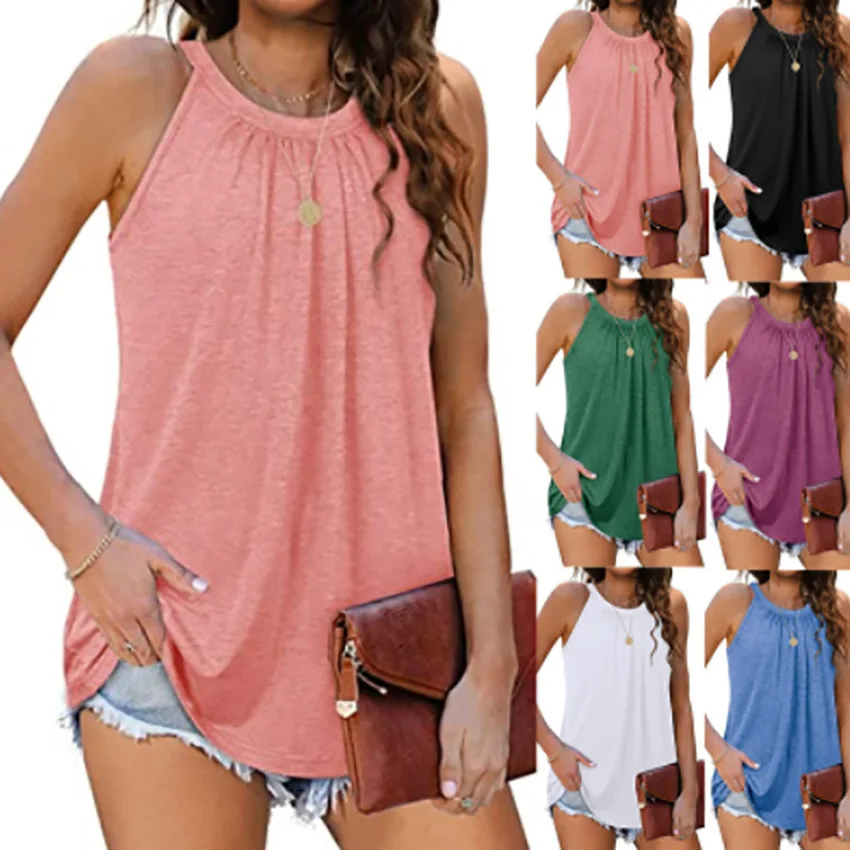 

Summer new women's wear European and American solid color loose hanging neck sleeveless vest T-shirt