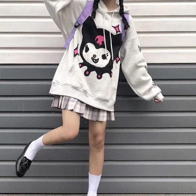 Women Cute Long Sleeve Casual Velvet Hooded Pullovers Harajuku Anime Kawaii Hoodies Japanese E Girl Streetwear Loose Sweatshirt
