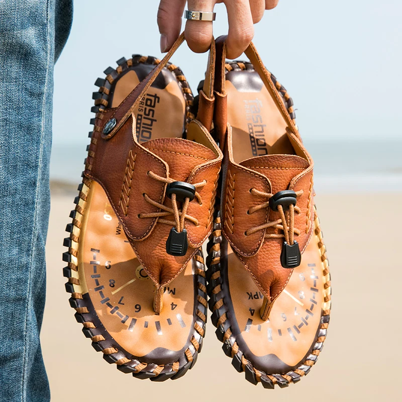 Genuine Leather Sandals Men Cow Leather Half Drag Quick Dry Beach Flip Flops Summer Outdoor Footwear Male Dual-Purpose Slippers