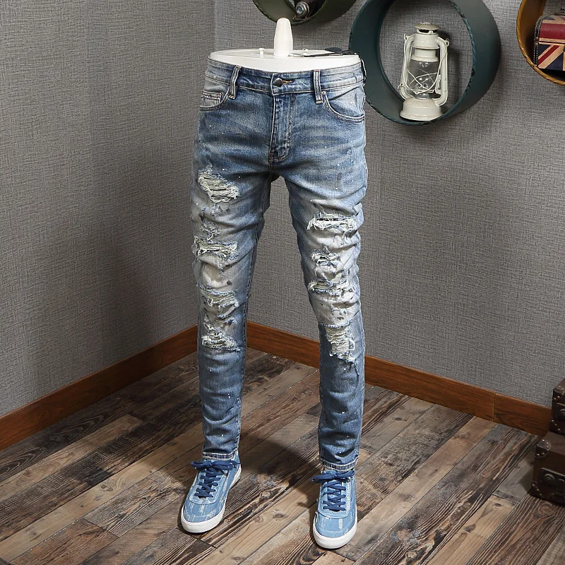 Street Fashion Men Jeans Retro Blue Elastic Painted Skinny Ripped Jeans Men Beading Patched Designer Hip Hop Brand Pants Hombre