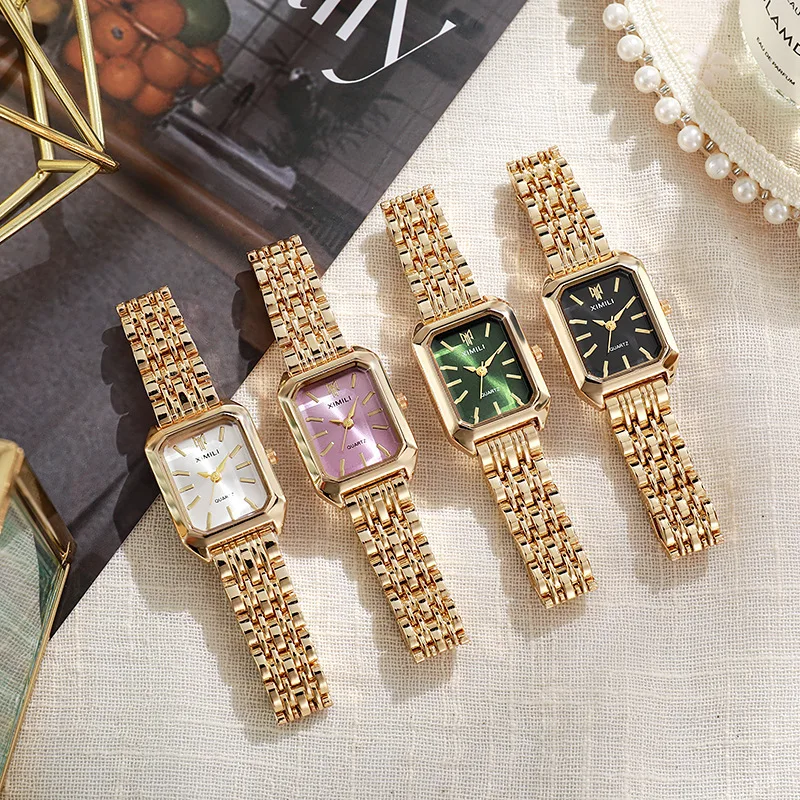 Women Watches Business Luxury Ladies Fashion Quartz Watch Simple Scale Square Quality Gold Plated Stainless Steel Folding Clock 6