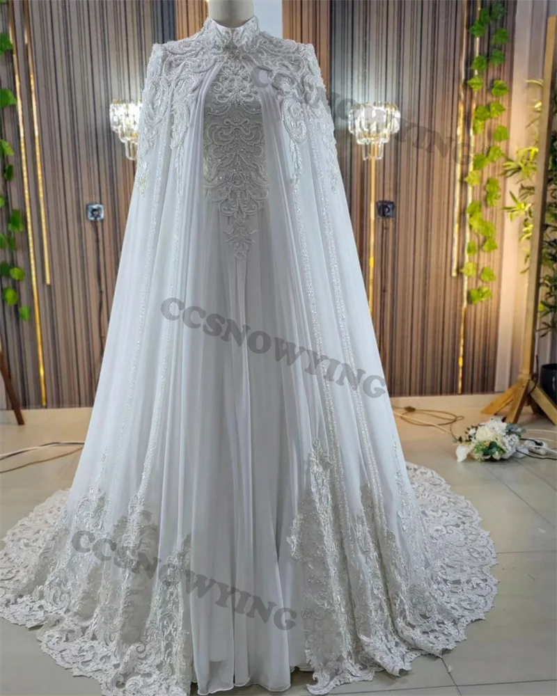 

Luxury Chiffon Appliques Beaded Wedding Dress for Bride Long Sleeve Hijab Muslim Bride Gown Dubai Arabic Vestidos De Novia