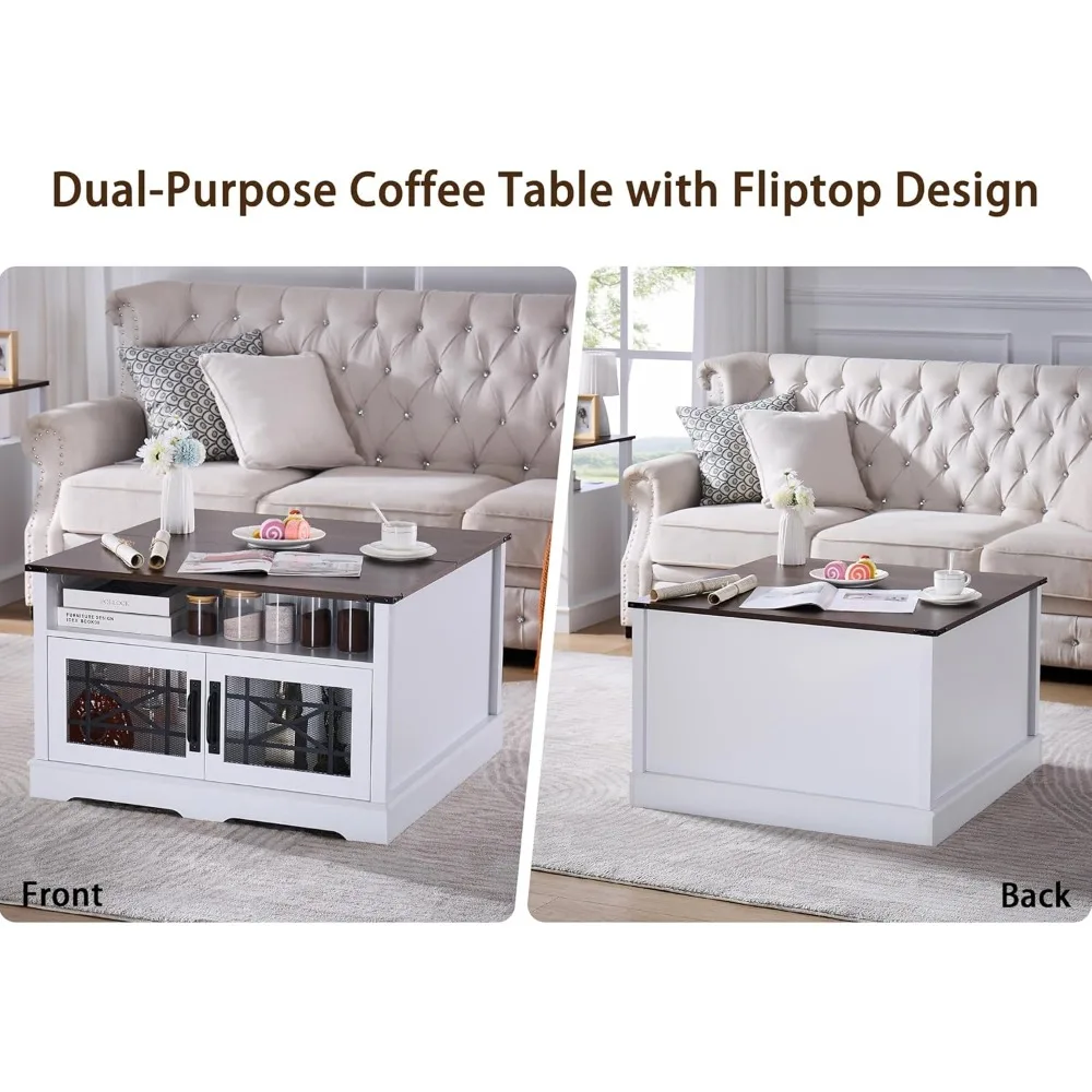 Square Coffee Table, Farmhouse Coffee Tables for Living Room, Wood Coffee Table with Storage, White Coffee Table with Hidden 4