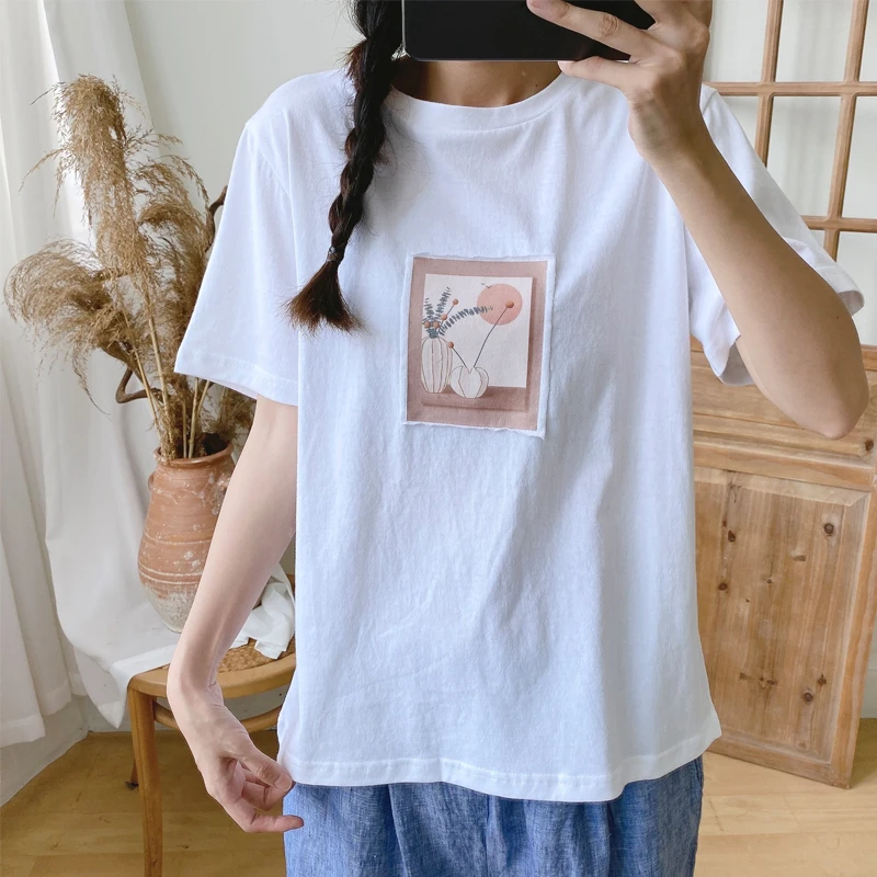 

Johnature Casual Simple O-neck Patchwork Parttern Women Tops 2023 Summer New All Match Loose White Female T-Shirts