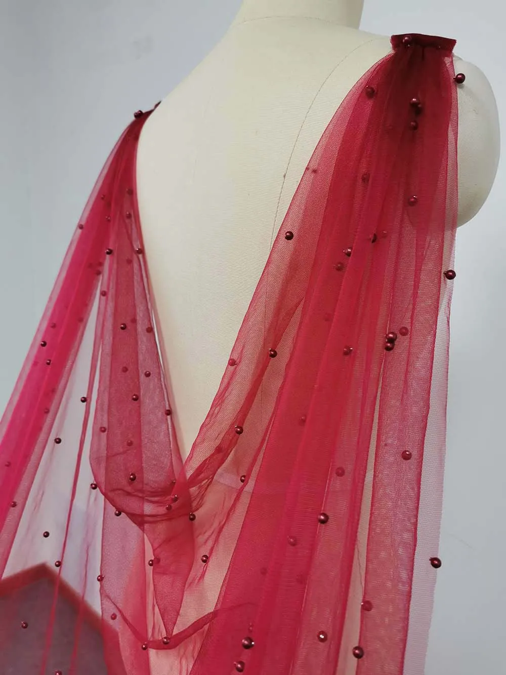 Burgundy Pearls Wedding Cape with Pins 3 Meters Long Bridal Bolero with Pearls Shoulder Veil Wedding Accessories
