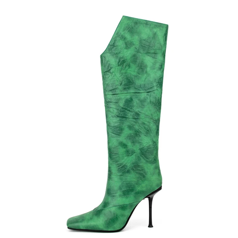 

Big Size 44 Stiletto Style High Slim Heels Shoes Women Square Toe Long Booty V-shaped Top Knee High Green Boots