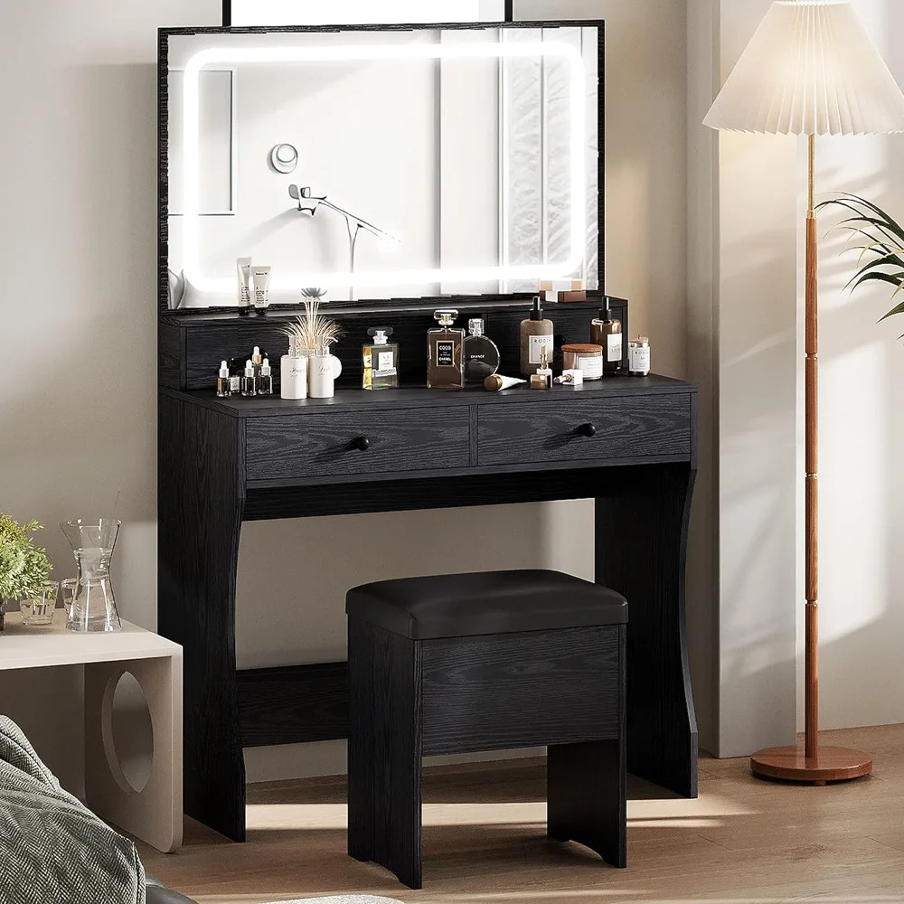 

IRONCK Vanity Desk Set with LED Lighted Mirror & Power Outlet, Makeup Vanity Table with 4 Drawers,Storage Bench,for Bedroom