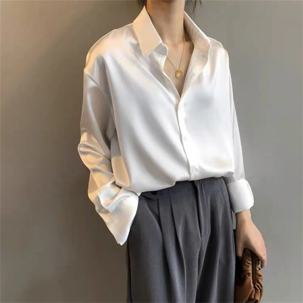 Autumn Fashion Button Up Satin Silk Shirt Vintage Blouse Women Lady