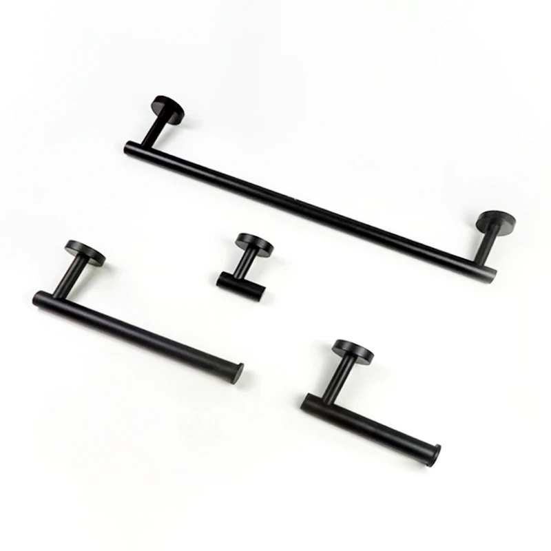 Matte Black 4-Piece Set Bathroom Accessories 304 Stainless Steel Wall Mount Toilet Paper Holder Towel Bar Ring Robe Hook