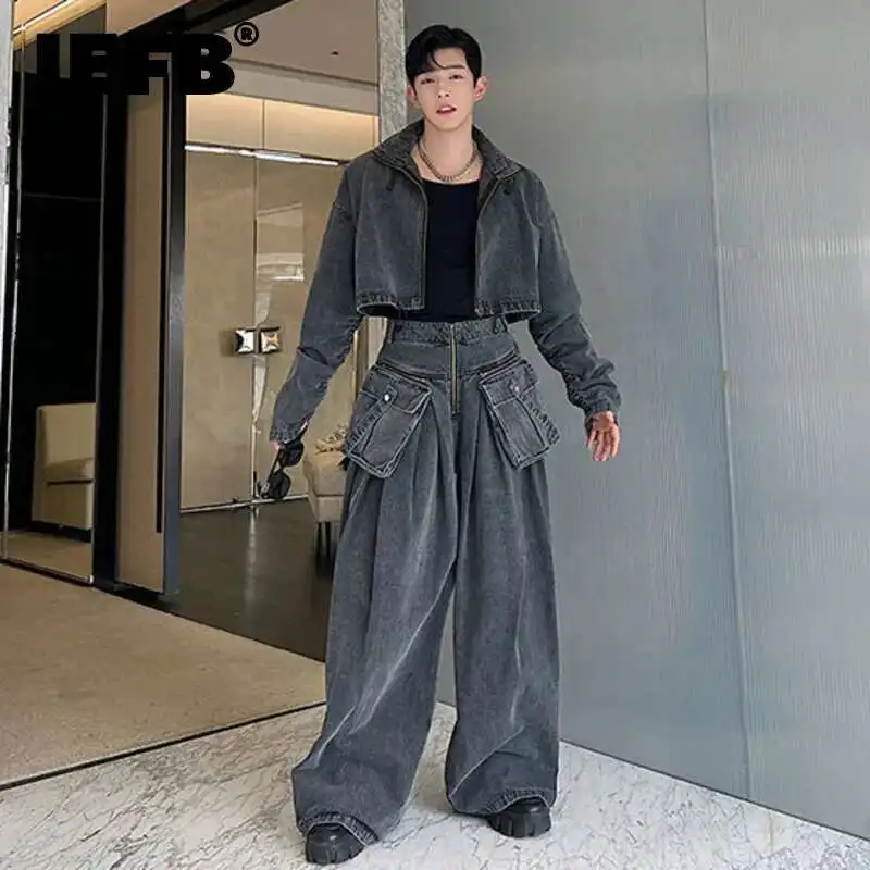 IEFB Two-piece New Trendy Zipper Short Jacket Wide Leg Trousers Big Pocket Autumn Men's Wear Personality Denim Pants Set 9C1543