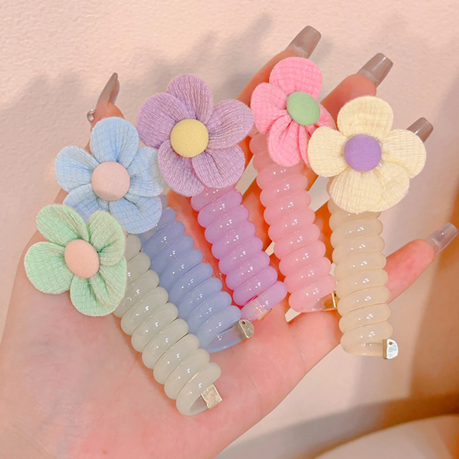 

Girls Elastic Hair Bands Telephone Wire Line Ponytail Holder Rubber Band DIY Flower Braided Phone Cord Straight Spiral Hair Tie