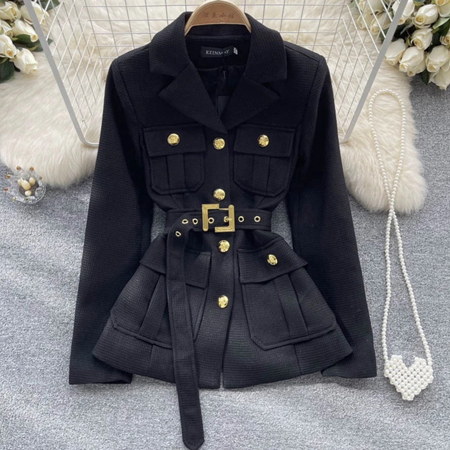 

New Autumn Winter Outerwear Fashion Vintage Golden Buttons Pocket Coat Women's Notched Collar Belted Blazers Jackets Tops