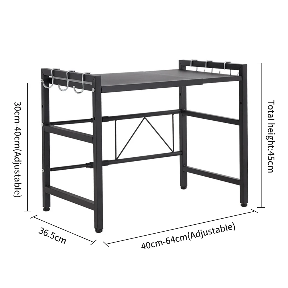 Estante Extensible para Horno de Microondas, con 6 Ganchos, Ideal para Almacenamiento en la Cocina, Color Negro