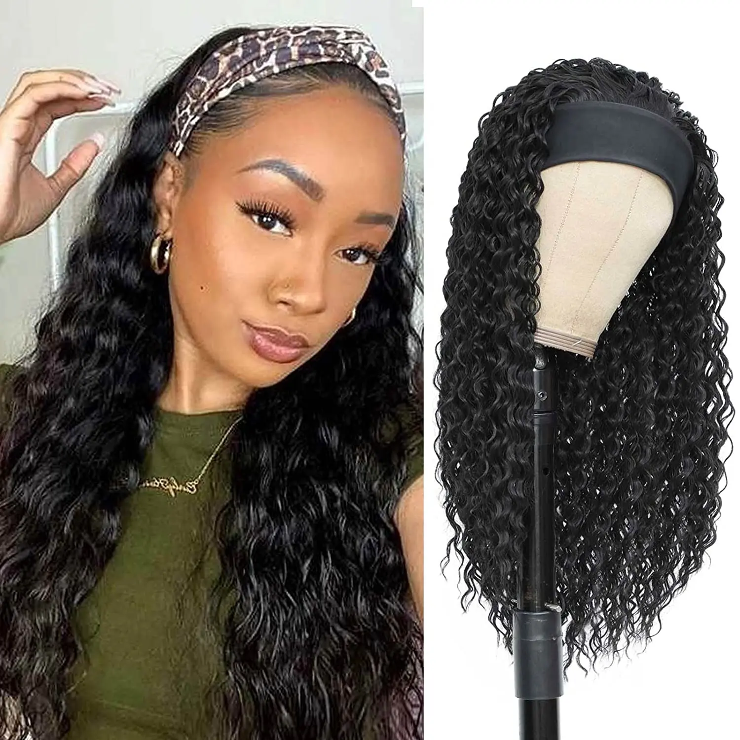 

Headband Wig Synthetic Water Wave Headband Wigs for Black Women Deep Wavy Wigs with Headbands Attached Glueless Black Half Wig