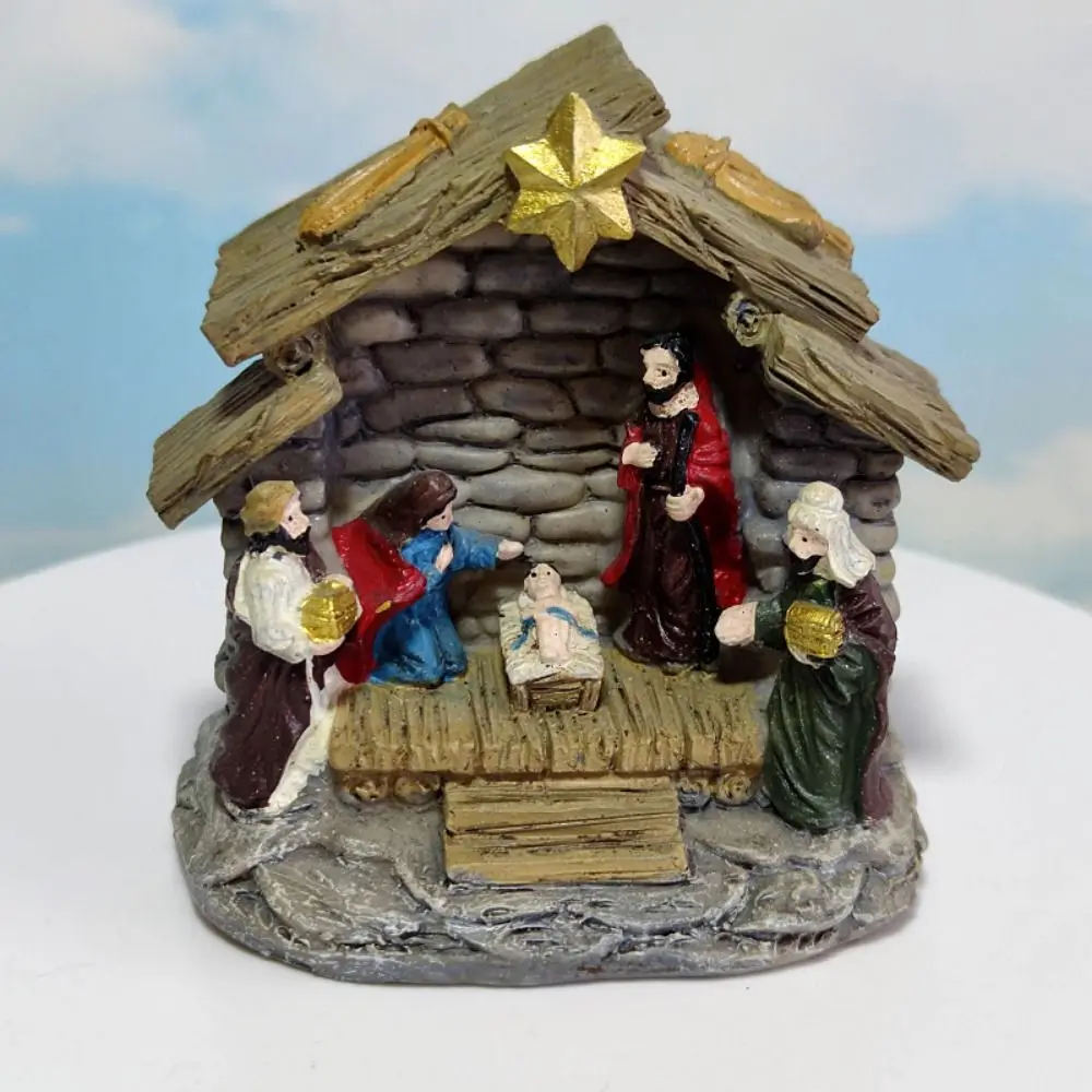 Creative Jesus Birth Ornaments Retro Resin Religious Adornment Figurines Horse Manger Handicrafts Miniature Nativity Set
