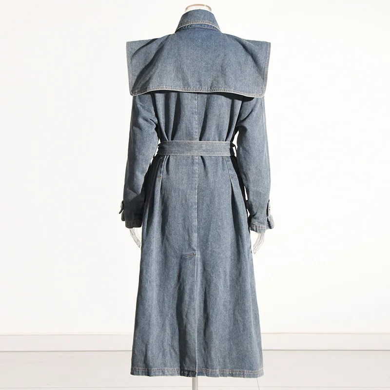 Women Blue Denim Big Size Long Trench New Lapel Long Sleeve Loose Fit Windbreaker Fashion Tide Spring Autumn 2023