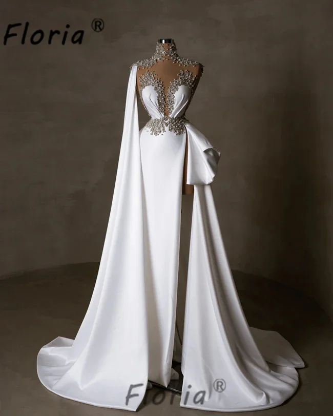 

Glamorous Mermaid Pearls Bridal Gowns Side Train Cape Split Wedding Dress Middle East Beaded Vestido de novia Special Event Robe