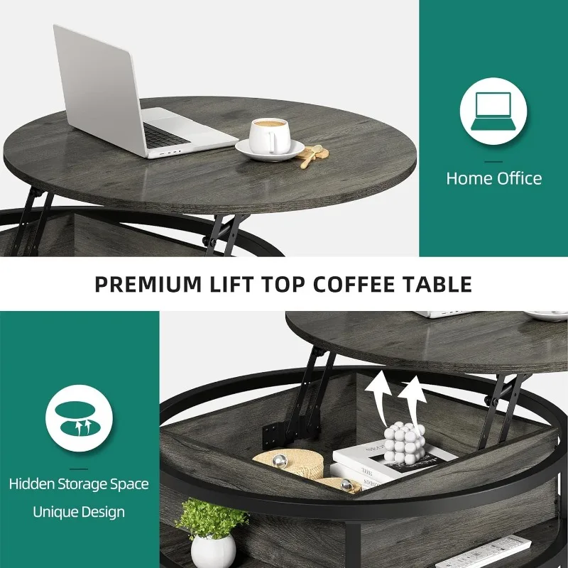 Round lift top coffee table, living room coffee table with hidden storage compartment, coffee table with storage, grey 4