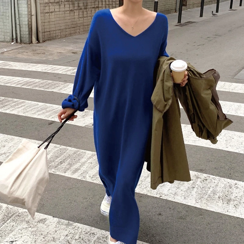 

2023 Blue Knitted Dress for Women V-neck Loose Elegant Long Knitwear Female Pullover Winter Chic Oversized Korean Knit Vestido