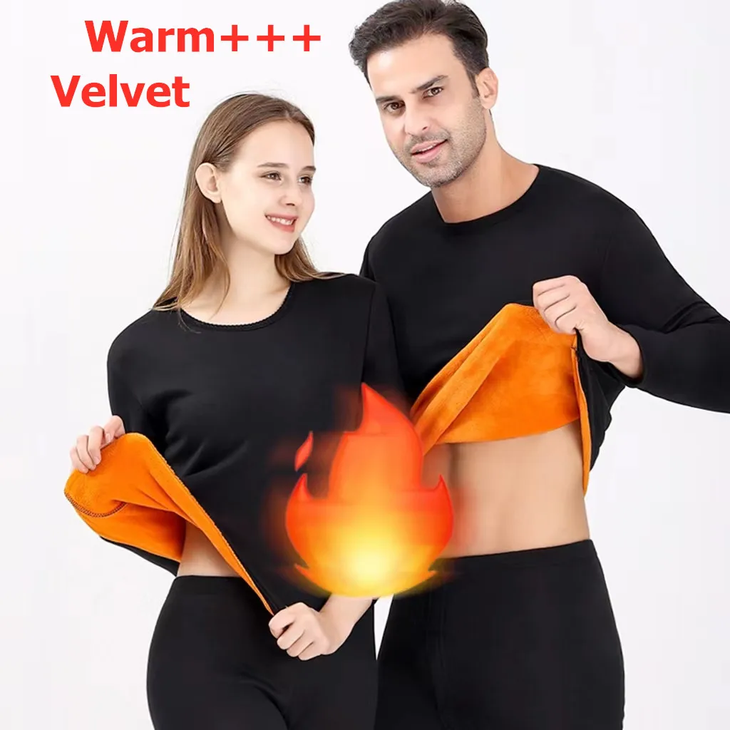 Yasuk Winter Men's Women's Thermal Underwear Long Johns Warm Solid Soft Casual Double Faced Velvet Plush Top With Pants Thick