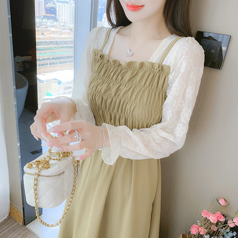 

French chic fake two-piece long sleeved dress for women's 2023 spring and autumn season new small figure with waistband to show