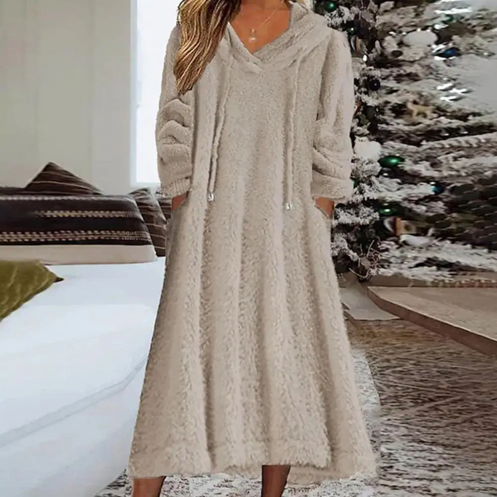 

Women Dress Women Hooded Dress Cozy Women's Fuzzy Fleece Midi Dress Warm Plush Hooded Sweatshirt Dress with Pockets for Fall