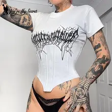

[You're My Secret] Gothic Harajuku Patchwork Letter Print Irregular Crop Top Women Casual Top Korean Tee Knitted T Shirt