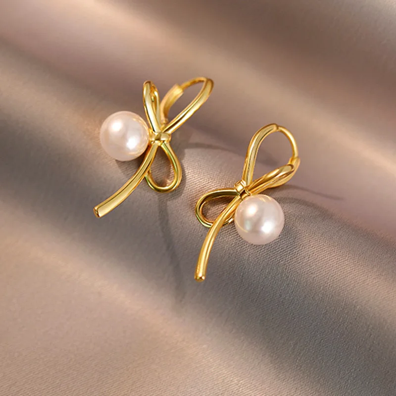 Minimalist Bowknot Pearl Hoop Earrings For Women Lady Trendy Valentine Dangle Earrings Party Wedding Jewelry Gift