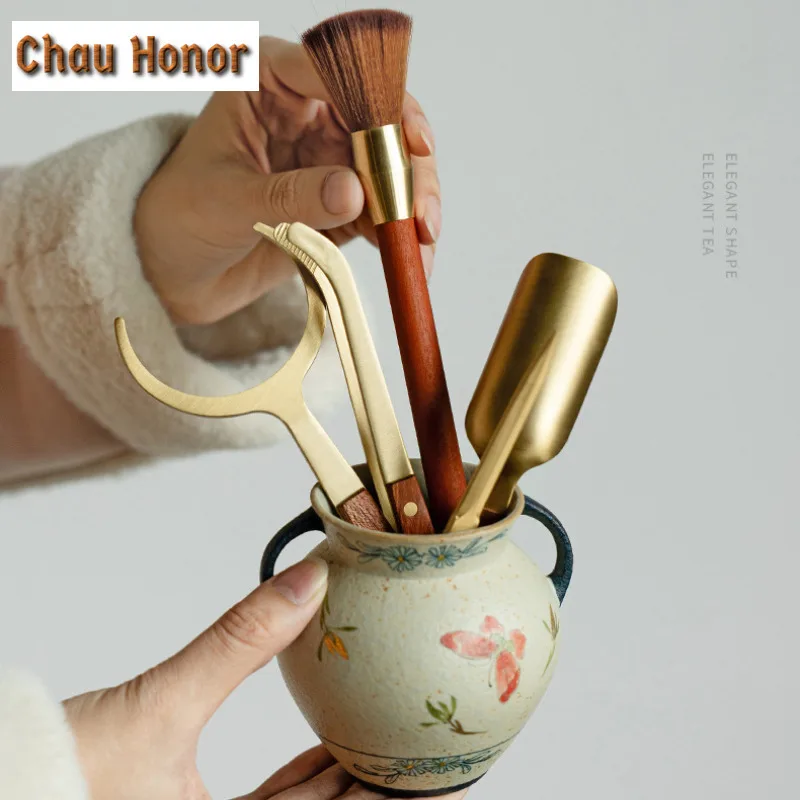 Blue And White Flint Red Tea Six Gentlemen Elegant Gold Drawing Butterfly Orchid Tea Tool Set Teaware Utensils Teaware Ornaments