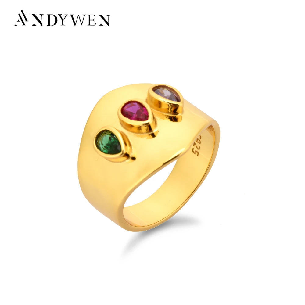 ANDYWEN 925 Sterling Silver Gold Gemstone Big Large Rings Three Zircon Red Green Brown Colorful Zircon Rock Punk Jewelry