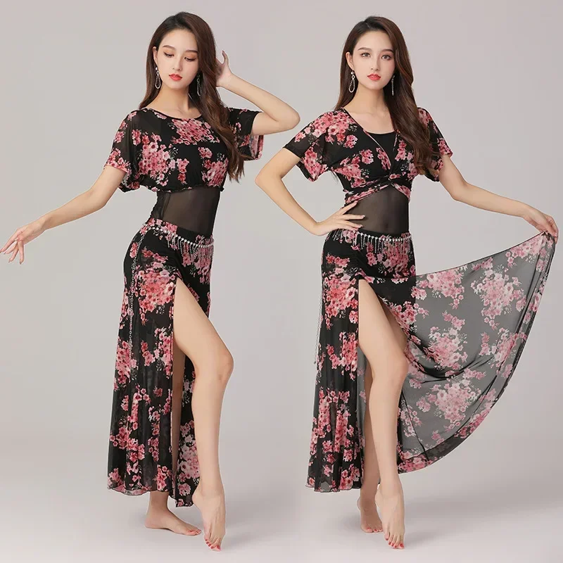 

New plus size belly dance practice dress set gauze Oriental dance show performance dress slit skirt