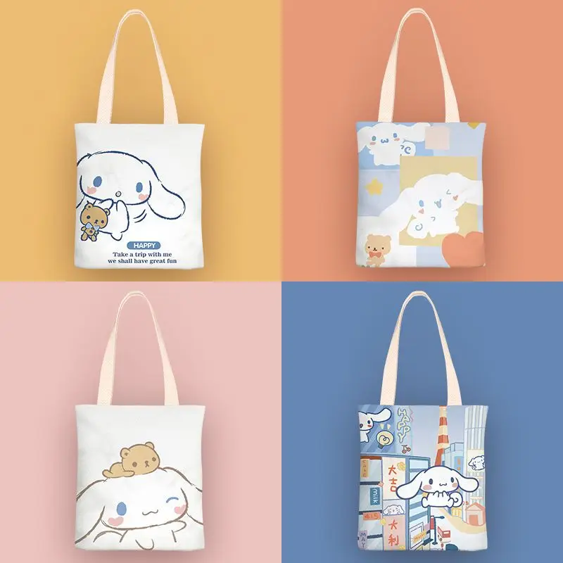 

Sanrio Cinnamoroll Cartoon Shoulder Bags with Zippered Inner Pocket Anime Printing Canvas Waterproof Girls Handbag Shopping Bag