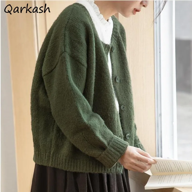 

Cardigans Women Green Autumn Winter Coats Thick Leisure Daily Vintage Gentle Elegant Students Preppy All-match Female O-neck Ins