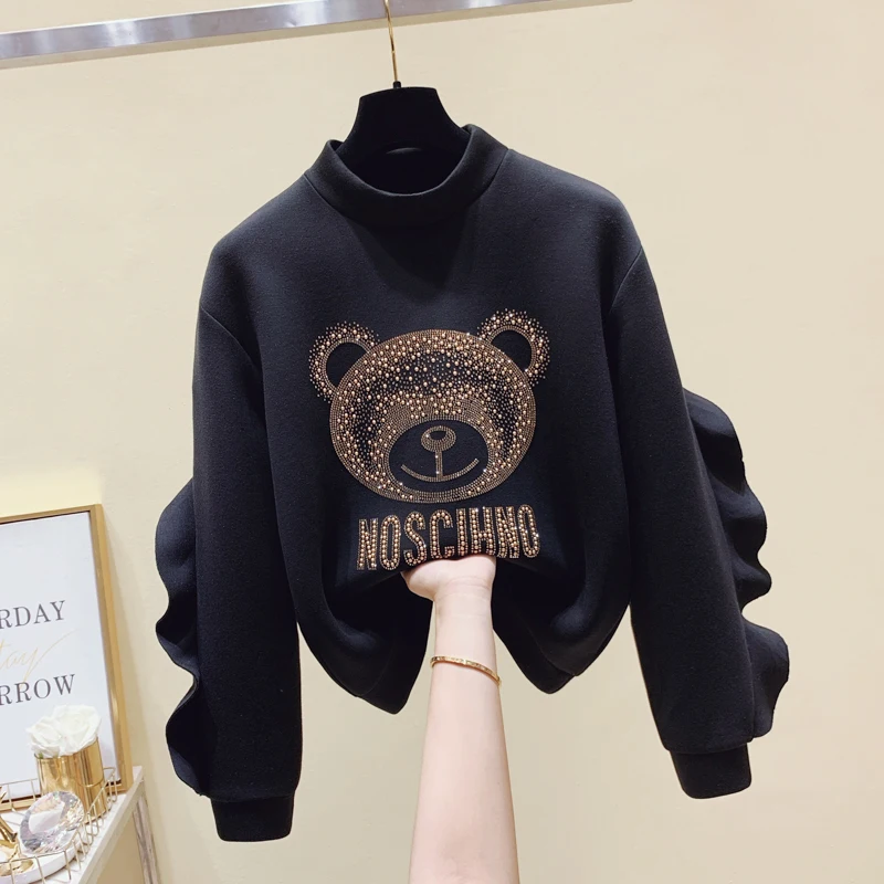 

Heavy Industry Rhinestone Cartoon Hoodie Women's Fashion Space Cotton Long Sleeve Loose Pullover Diamonds Sweatershirt