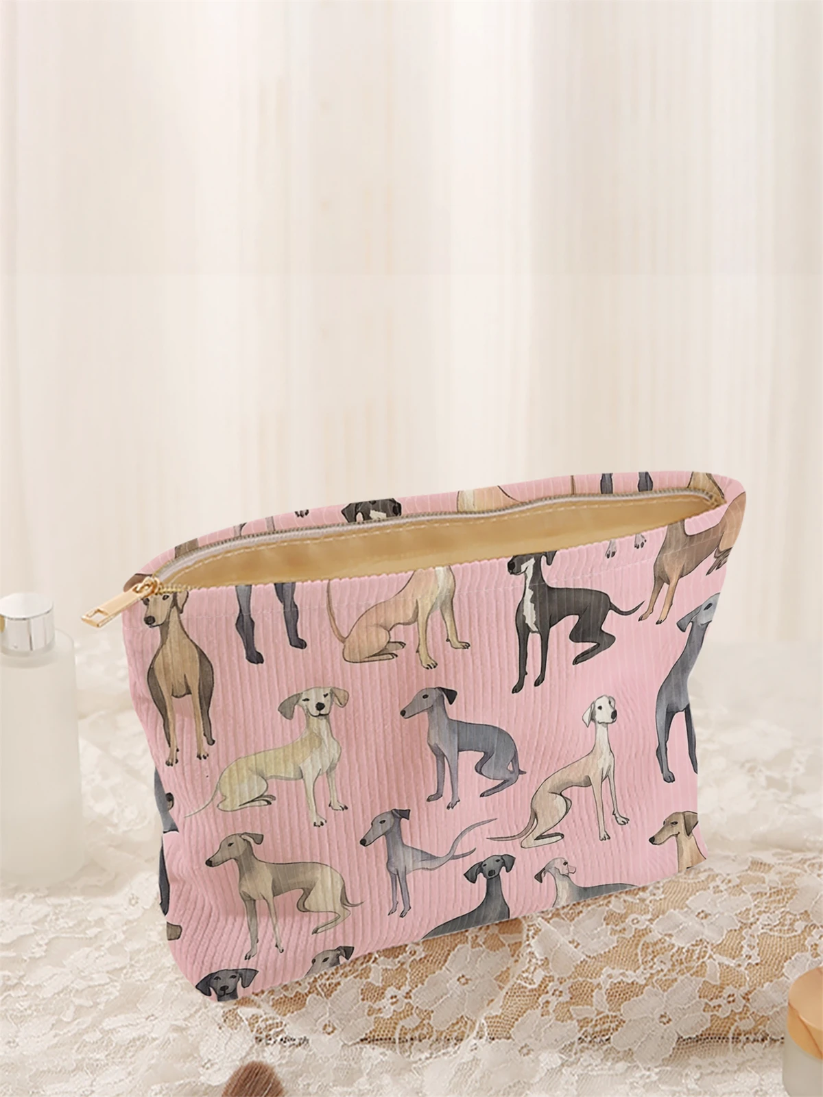 1 cartoon dog pattern printed corduroy makeup bag, lightweight zipper makeup storage box, multifunctional bag with lining