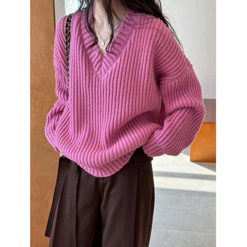 

Winter Drop Shoulder Sleeve Oversize Sweater Women V-neck Hole Loose Knit Pullovers Sweater