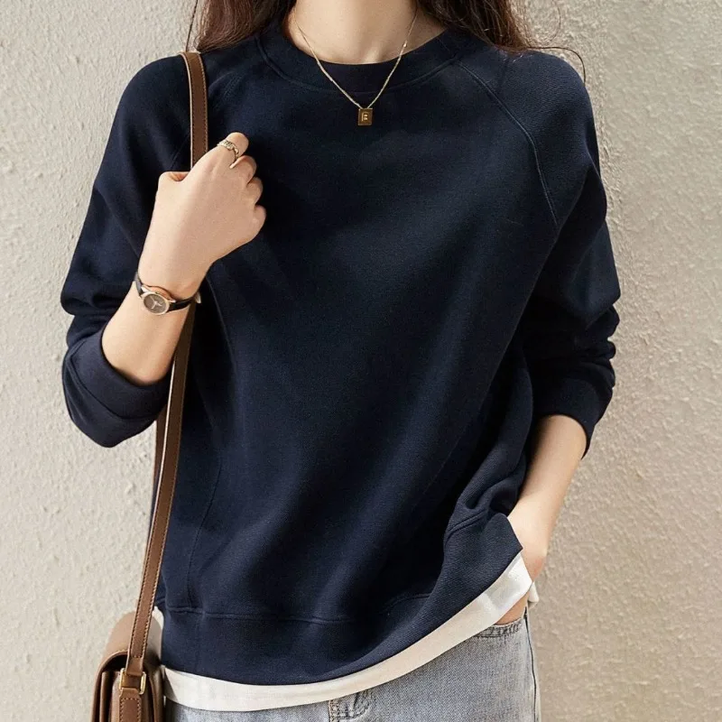 2023 Autumn and Winter Women's Round Neck Pullover Solid Color Contrast Sweater Tee T-shirt Fashion Large Loose Casual Tops