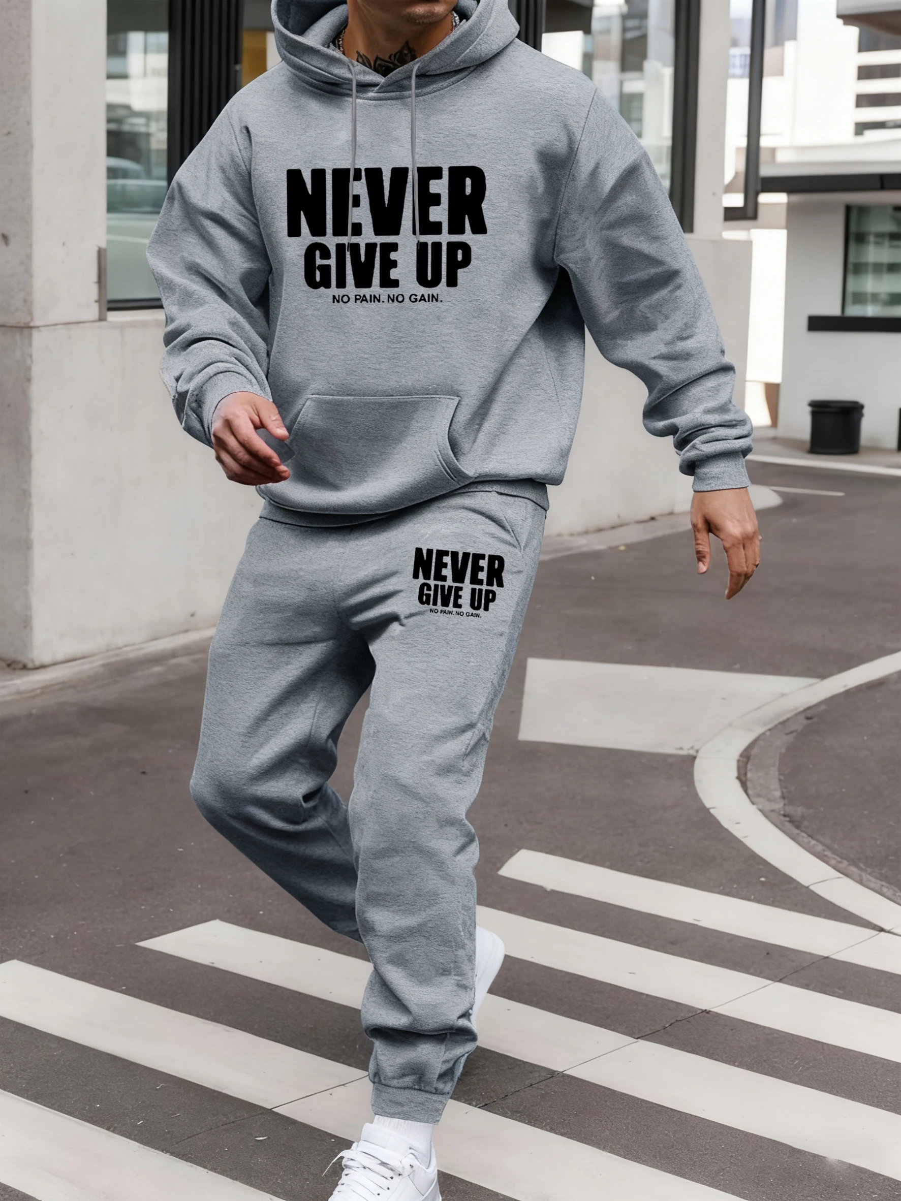 Never Give Up No Pain No Gain Prints New Hoodies Set Men Street Casual Sweatshirt Autumn Jogging Pants Fleece Sport Sweatpants view 2