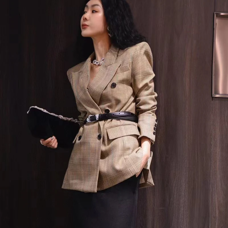 

2024 Early Spring New Ladies Birdie Check Blazer Collar Color Collision Wool High Quality Jacket Top Korean Fashion