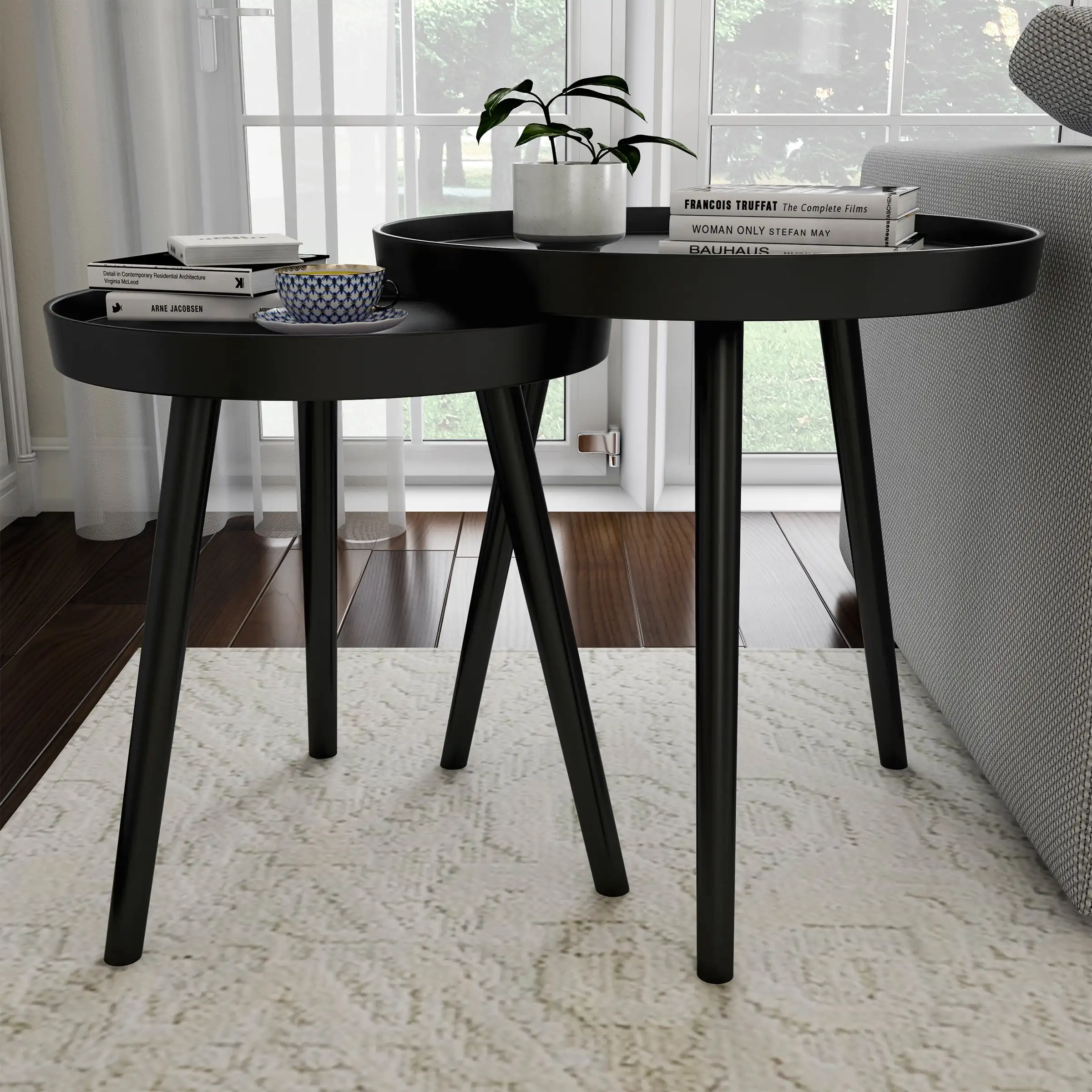 

Nesting End Tables Circular Contemporary Decor by Set of 2 (Black)