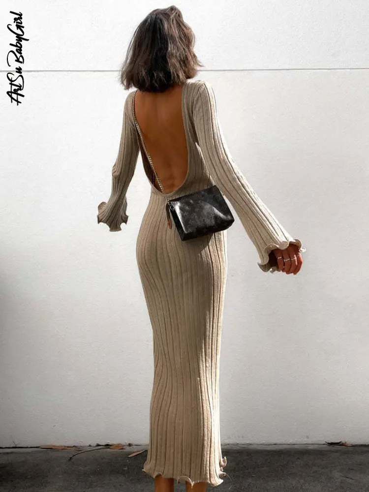 

Tight Dress Woman Fashion O Neck Knitted Long Sleeve Dress Streetwear Y2k 2000s Aesthetic Autumn Backless Dresses Women Clothing