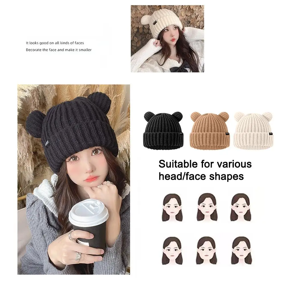 

Утолщенные шапки Bear Ears, женские мягкие плюшевые защитные головные уборы, милые вязаные корейские шерстяные шапки для девушек, подходят для разных типов лица M2R9