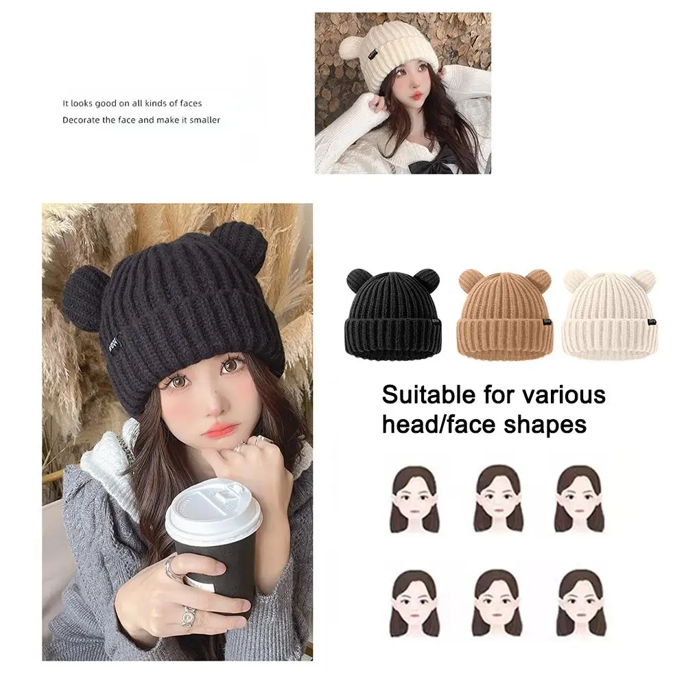 

Bear Ears Thicken Hats Women Soft Plush Ear Head Protection Cute Knitted Korean Wool Caps Girl Suitable for various facial M2R9